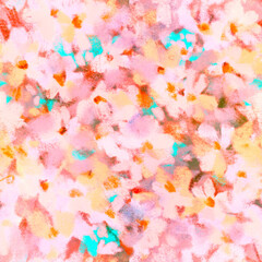 Light delicate spring floral layered seamless fabric pattern with transparent washed blurred flowers