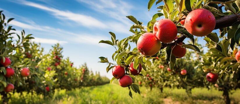 Ripe apples in an apple orchard With copyspace for text