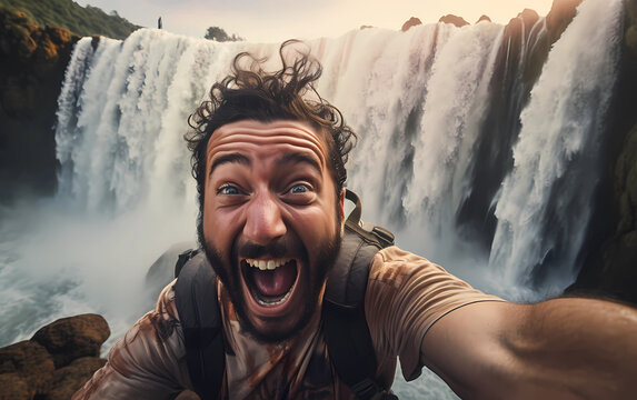 man taking selfie in front of waterfall