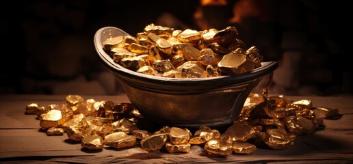 Gold nuggets in the treasure chest and jar background.