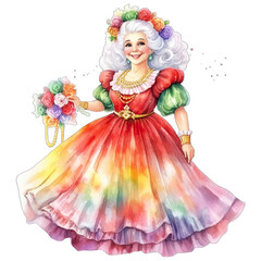 Mrs. Claus, wearing a rainbow colored holiday Christmas dress. Watercolor style, transparent background