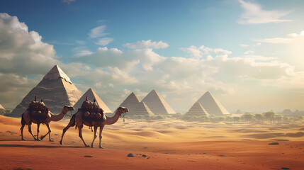 Pyramids of Giza with camels in front of it - obrazy, fototapety, plakaty