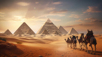 Pyramids of Giza with camels in front of it