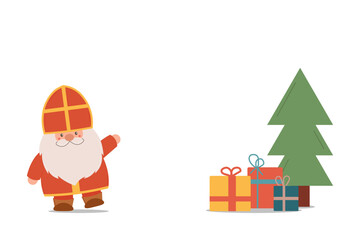 Fototapeta premium Saint Nicholas Day. Sinterklaas Eve. Cute character gnome, christmas tree, gifts box on white background. Winter holiday day. Vector flat illustration.