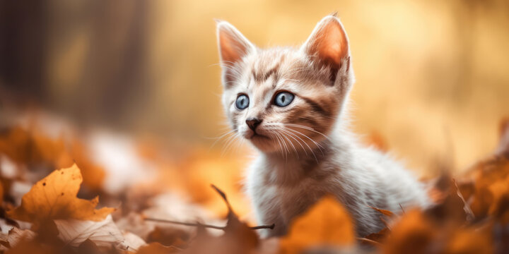 Portrait of a Cat. Cute Little Red Striped Kitten is sitting in Autumn Leaves in Autumn Park or Garden
