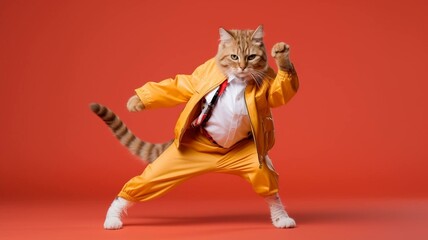 Dancing cat in yellow suit