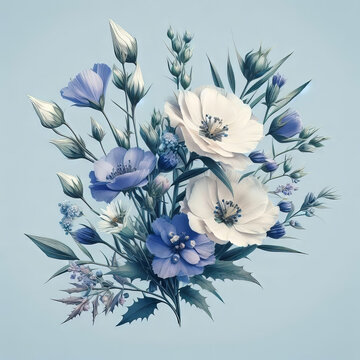Fototapeta Bouquet of blue and white flowers on a blue background. Generated by AI