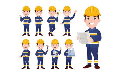 Set of worker with different poses