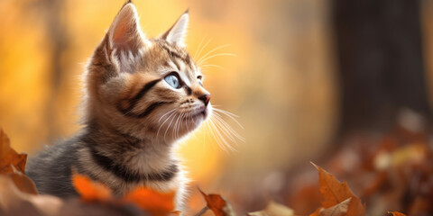 Fototapeta premium Portrait of a Striped Cat. Cute Little Kitten is sitting in Autumn Leaves