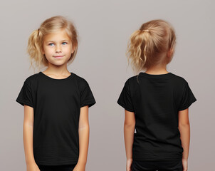 Front and back views of a little girl wearing a black T-shirt - Powered by Adobe