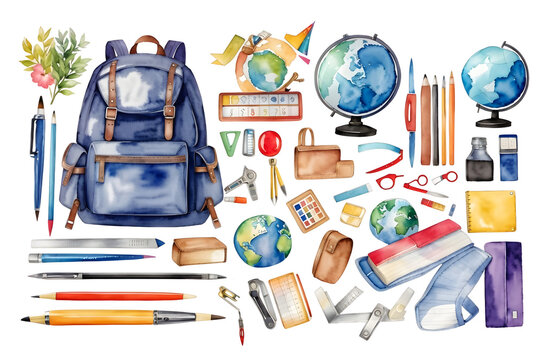 watercolor set of school items isolated on transparent background,design element
