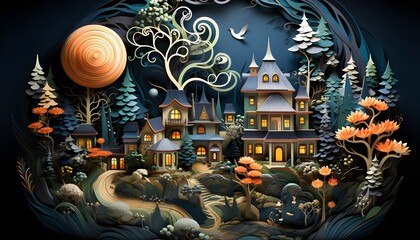 fairy tale house in the woods, paper cut
