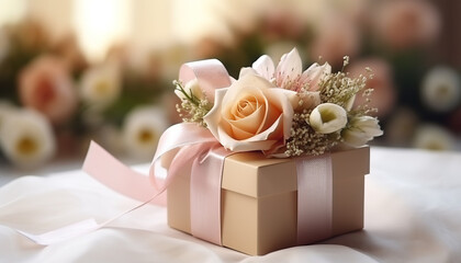 Gift box with bouquet of flowers. 