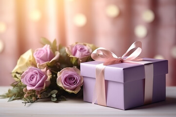 Obraz premium Gift box and bouquet of roses. 