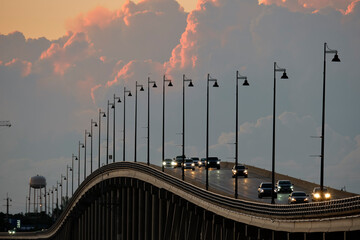 Barron Collier Bridge and Gilchrist Bridge in Florida with moving traffic. Transportation...