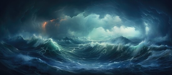 Obraz na płótnie Canvas Severe tempest at sea colossal waves stormy sky With copyspace for text