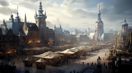 Krakow's old town market with the beautiful Church of Santa Maria