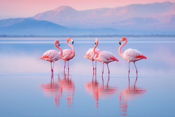 group pink flamingos on the salt lake