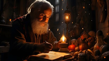 Elderly Gentleman Penning Memories: Night's Solitude and Lamp's Warm Embrace