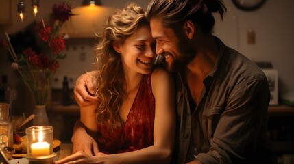 Love's Warmth: A couple's intimate moment by candlelight, celebrating Valentine's Day with smiles and heartful connection