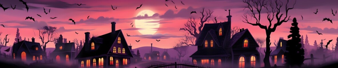 Eerie Halloween Nighttime: Bats taking flight amidst haunted houses, conjuring a classic Halloween ambiance