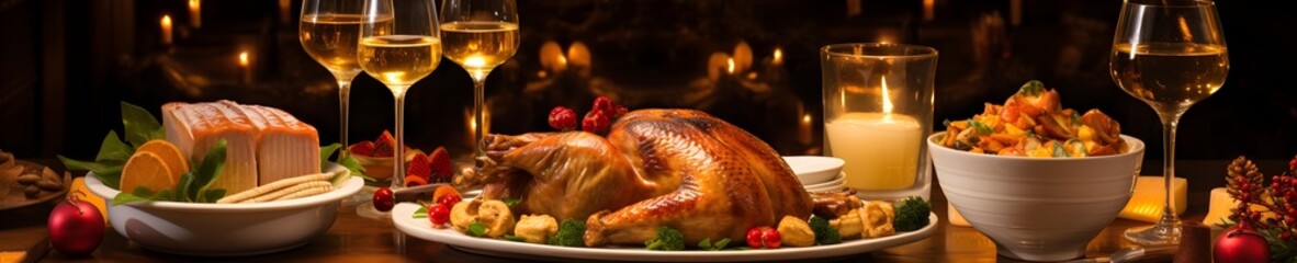 Golden Hour Feast: A meticulously set Thanksgiving table with turkey centerpiece, capturing the essence of the holiday