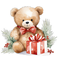 Cute Christmas Teddy Bear plush toy, isolated on white transparent background