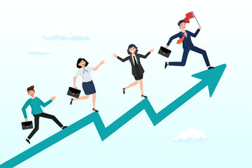 Businessman and woman employees running up performance graph and chart, performance management, employee rating appraisal or review, career growth or plan for improvement, career development (Vector)