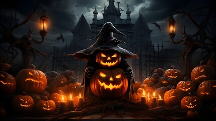 Midnight Mystique: Jack O' Lanterns Gleam with Witch's Presence, Spooky Halloween Unveiled