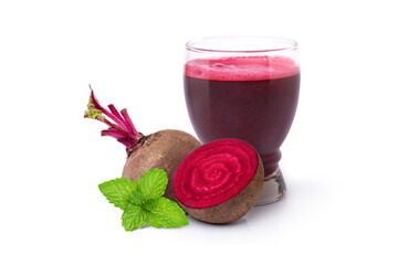 Glass of beetroot smoothie juice with beet root sliced and mint leaf isolated on white background.