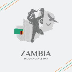 VECTORS. Editable banner for Zambia Independence Day (October 24), Heroes Day and patriotic events. Freedom Statue, monument, flag, map, eagles