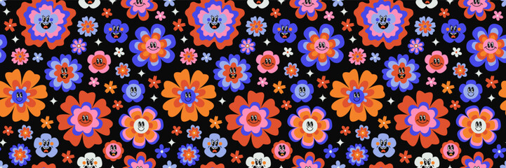 Fototapeta na wymiar Vector retro groovy daisy psychedelic seamless surface pattern. Cute hippie style daisy flowers with emotional faces. Cool bold floral repeat background. Funky hippy vintage floral repeating print