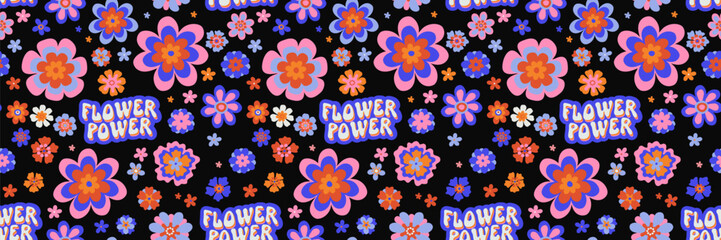 Vector retro groovy daisy psychedelic seamless surface pattern with cute Flower Power typography. Cool bold retro flower repeat background. Positive vibes funky hippie vintage floral repeating print