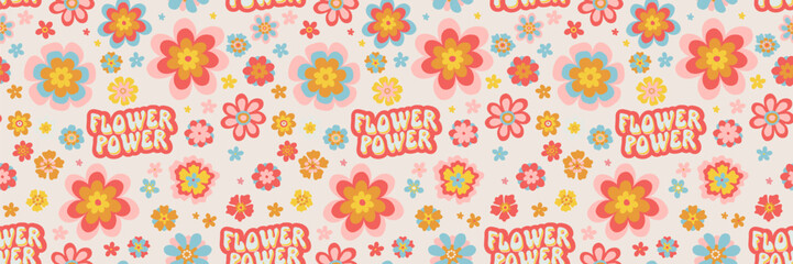 Retro groovy psychedelic seamless daisy pattern. Cool bold retro flower illustrations and psychedelic Flower Power lettering background. Funky hippie vintage floral offwhite digital paper