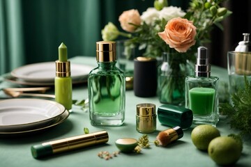 Beauty product bottles of perfume and behind flowers