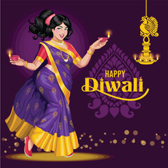 Diwali Greetings with a happy Girl holding lamps on her hands