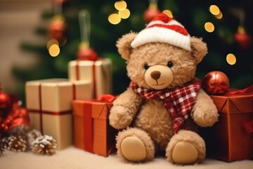 Christmas themed teddy bear wearing santa hat with gift boxes, Christmas decoration background, Christmas card banner festive design, Christmas 2023 holiday greeting celebration illustration