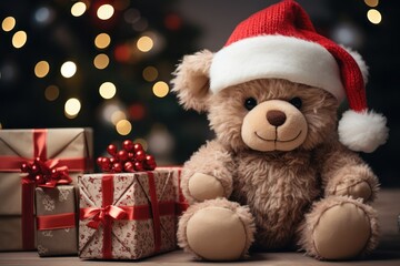 Christmas themed teddy bear wearing santa hat with gift boxes, Christmas decoration background, Christmas card banner festive design, Christmas 2023 holiday greeting celebration illustration