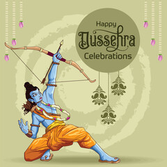 Dussehra Greetings of Lord Ram aiming to destroy Bad with bow and arrow - obrazy, fototapety, plakaty