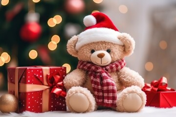Christmas themed teddy bear wearing santa hat with gift boxes, Christmas decoration background, Christmas card banner festive design, Christmas 2023 holiday greeting celebration illustration