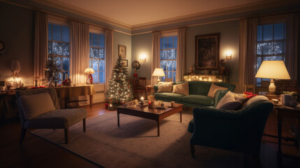 Charming room decorated with Christmas lights. Created with Generative AI Technology.