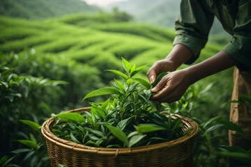 picking tip of green tea leaf with a bamboo basket by human hand