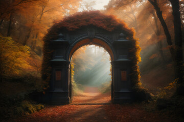 cozy autumn arch gate view forest - Powered by Adobe
