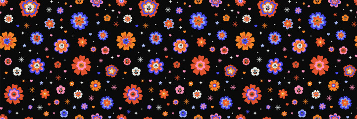 Vector retro groovy smiley daisies psychedelic seamless surface pattern. Cute hippie ditsy daisy flowers with emotional faces. Cool bold retro floral repeat backdrop. Bright funky vintage floral print