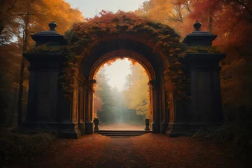 Tuinposter cozy autumn arch gate view forest © Athena 