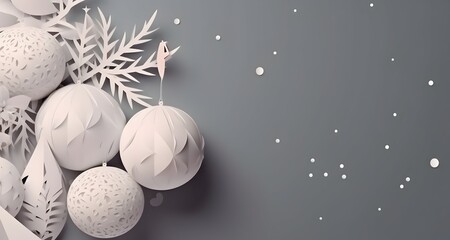 Fototapeta na wymiar Paper Christmas balls and snowflakes on a silver background.