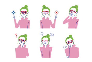 ポニーテールのメガネ女性バストアップポーズセット-2