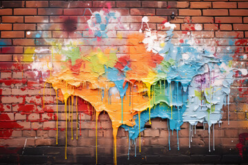 multicolored paint splashed onto a brick wall