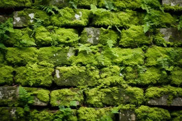 Gordijnen lush green moss covering an old stone wall © Castle Studio