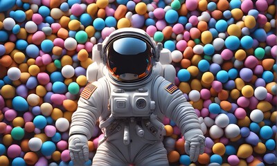 a astronaut with colorful circles stone background, Astronaut lying in a colorful ball pit, traveled from another parallel universe, with light trails that cut through time and space.